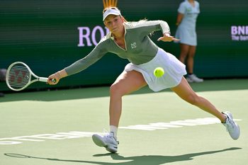 Mar 12, 2025; Indian Wells, CA, USA;  Donna Vekic (CRO) hits a shot against Madison Keys (not pictured) in round four of the BNP Paribas Open at the Indian Well Tennis Garden. Mandatory Credit: Jayne Kamin-Oncea-Imagn Images