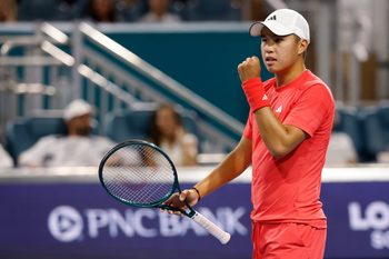 Mar 20, 2025; Miami, FL, USA; Learner Tien (USA) reacts after winning the first set tie-breaker against Joao Fonseca (BRA)(not pictured) on day three of the Miami Open at Hard Rock Stadium. Mandatory Credit: Geoff Burke-Imagn Images
