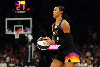 Jun 11, 2025; Phoenix, Arizona, USA; Phoenix Mercury forward Satou Sabally (0) against the Dallas Wings at PHX Arena. Mandatory Credit: Mark J. Rebilas-Imagn Images