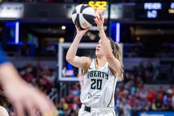Jun 14, 2025; Indianapolis, Indiana, USA; New York Liberty guard Sabrina Ionescu (20) shoots the ball in the second half against the Indiana Fever at Gainbridge Fieldhouse. Mandatory Credit: Trevor Ruszkowski-Imagn Images