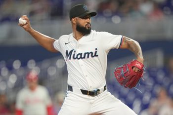 Jun 16, 2025; Miami, Florida, USA;  Miami Marlins pitcher Sandy Alcantara (22) pitches in the first inning against the Philadelphia Phillies at loanDepot Park. Mandatory Credit: Jim Rassol-Imagn Images