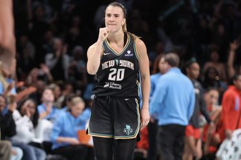 Jun 17, 2025; Brooklyn, New York, USA;  New York Liberty guard Sabrina Ionescu (20) gestures after scoring in the fourth quarter against the Atlanta Dream at Barclays Center. Mandatory Credit: Wendell Cruz-Imagn Images