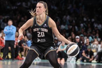 Jun 17, 2025; Brooklyn, New York, USA;  New York Liberty guard Sabrina Ionescu (20) drives to the basket in the fourth quarter against the Atlanta Dream at Barclays Center. Mandatory Credit: Wendell Cruz-Imagn Images