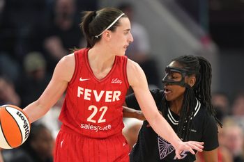 Jun 19, 2025; San Francisco, California, USA; Golden State Valkyries guard Tiffany Hayes (right) defends against Indiana Fever guard Caitlin Clark (22) during the second quarter at Chase Center. Mandatory Credit: Darren Yamashita-Imagn Images