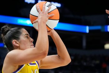 Jun 21, 2025; Minneapolis, Minnesota, USA; Los Angeles Sparks guard Kelsey Plum (10) shoots against the Minnesota Lynx in the first quarter at Target Center. Mandatory Credit: Bruce Kluckhohn-Imagn Images