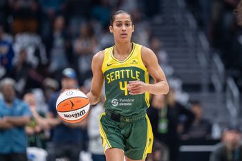 Jun 22, 2025; Seattle, Washington, USA;  Seattle Storm guard Skylar Diggins (4) dribbles the ball against the New York Liberty at Climate Pledge Arena. Mandatory Credit: Stephen Brashear-Imagn Images