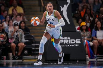 Jun 27, 2025; College Park, Georgia, USA; Minnesota Lynx forward Napheesa Collier (24) brings the ball up the court against the Atlanta Dream during the second half at Gateway Center Arena at College Park. Mandatory Credit: Dale Zanine-Imagn Images