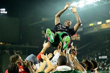 Jun 29, 2024; Portland, Oregon, USA; Portland Timbers forward Dairon Asprilla (27) celebrates his last game with the Portland Timbers after the match against the Minnesota United at Providence Park. Mandatory Credit: Troy Wayrynen-Imagn Images