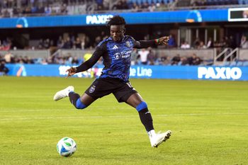 Feb 22, 2025; San Jose, California, USA; San Jose Earthquakes forward Ousseni Bouda (11) shoots against Real Salt Lake during the second half at PayPal Park. Mandatory Credit: Darren Yamashita-Imagn Images