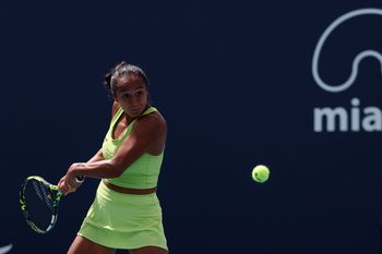 Mar 22, 2025; Miami, FL, USA; Leylah Fernandez (CAN) hits a backhand against Ashlyn Krueger (USA)(not pictured) on day five of the Miami Open at Hard Rock Stadium. Mandatory Credit: Geoff Burke-Imagn Images