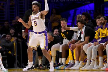 Apr 19, 2025; Los Angeles, California, USA; Los Angeles Lakers guard Bronny James (9) looks to take a shot in the second half against the Minnesota Timberwolves at Crypto.com Arena. Mandatory Credit: Jayne Kamin-Oncea-Imagn Images