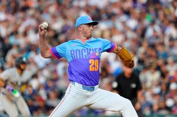 May 23, 2025; Denver, Colorado, USA; Colorado Rockies starting pitcher Tanner Gordon (29) delivers a pitch in the fourth inning against the New York Yankees at Coors Field. Mandatory Credit: Ron Chenoy-Imagn Images