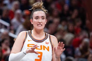 Jun 17, 2025; Indianapolis, Indiana, USA; Connecticut Sun guard Marina Mabrey (3) in the first half against the Indiana Fever at Gainbridge Fieldhouse. Mandatory Credit: Trevor Ruszkowski-Imagn Images