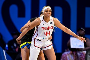 Jun 28, 2025; Arlington, Texas, USA; Washington Mystics forward Kiki Iriafen (44) in action during the game between the Dallas Wings and the Washington Mystics at College Park Center. Mandatory Credit: Jerome Miron-Imagn Images