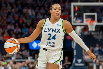 Jun 29, 2025; Minneapolis, Minnesota, USA; Minnesota Lynx forward Napheesa Collier (24) dribbles the ball against the Connecticut Sun in the first half at Target Center. Mandatory Credit: Jesse Johnson-Imagn Images