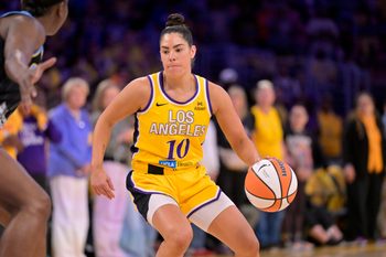Jun 29, 2025; Los Angeles, California, USA; Los Angeles Sparks guard Kelsey Plum (10) handles the ball in the first half against the Chicago Sky at Crypto.com Arena. Mandatory Credit: Jayne Kamin-Oncea-Imagn Images