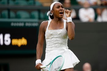 Jul 1, 2025; Wimbledon United Kingdom; Coco Gauff (USA)  reacts after winning a point against Dayana Yastremska (UKR)(not pictured) on day 2 of The Championships, Wimbledon 2025 at All England Lawn Tennis and Croquet Club. Mandatory Credit: Geoff Burke-Imagn Images