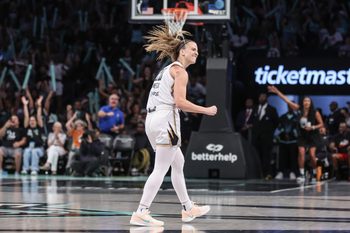 Jul 3, 2025; Brooklyn, New York, USA;  New York Liberty guard Sabrina Ionescu (20) celebrates after scoring in the third quarter against the Los Angeles Sparks at Barclays Center. Mandatory Credit: Wendell Cruz-Imagn Images