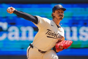 Jul 6, 2025; Minneapolis, Minnesota, USA; Minnesota Twins starting pitcher Joe Ryan (41) throws to the Tampa Bay Rays in the first inning at Target Field. Mandatory Credit: Bruce Kluckhohn-Imagn Images