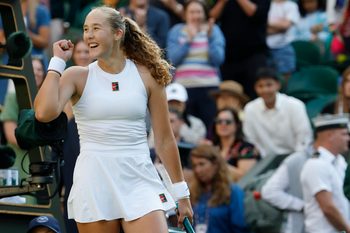 Jul 7, 2025; Wimbledon, United Kingdom; Mirra Andreeva celebrates after her match against Emma Navarro (USA)(not pictured) on day eight of The Championships Wimbledon 2025 at All England Lawn Tennis and Croquet Club. Mandatory Credit: Geoff Burke-Imagn Images