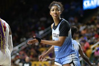 Jul 8, 2025; Fairfax, Virginia, USA; Chicago Sky forward Angel Reese (5) looks on during the first half against the Washington Mystics at EagleBank Arena. Mandatory Credit: Daniel Kucin Jr.-Imagn Images