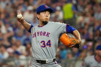 Jul 11, 2025; Kansas City, Missouri, USA; New York Mets starting pitcher Kodai Senga (34) delivers a pitch against the Kansas City Royals during the first inning at Kauffman Stadium. Mandatory Credit: Denny Medley-Imagn Images