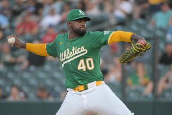 Jul 11, 2025; West Sacramento, California, USA; Athletics pitcher Luis Severino (40) throws a pitch against the Toronto Blue Jays during the third inning at Sutter Health Park. Mandatory Credit: Ed Szczepanski-Imagn Images