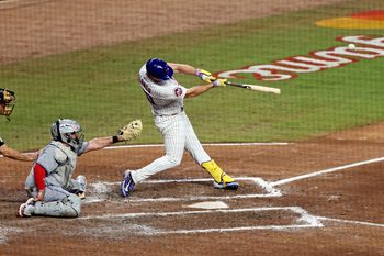 Jul 15, 2025; Cumberland, Georgia, USA; National League first baseman Pete Alonso (20) of the New York Mets hits a three run home run during the sixth inning during the 2025 MLB All Star Game at Truist Park. Mandatory Credit: Jordan Godfree-Imagn Images