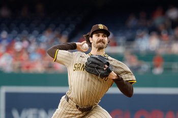 Jul 18, 2025; Washington, District of Columbia, USA; San Diego Padres starting pitcher Dylan Cease (84) pitches against the Washington Nationals during the first inning at Nationals Park. Mandatory Credit: Geoff Burke-Imagn Images