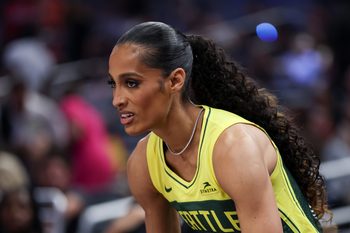 Jul 18, 2025; Indianapolis, IN, USA; Seattle Storm guard Skylar Diggins reacts during the 2025 WNBA All Star Skills Challenge at Gainbridge Fieldhouse. Mandatory Credit: Trevor Ruszkowski-Imagn Images