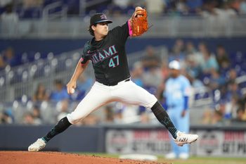 Jul 19, 2025; Miami, Florida, USA;  Miami Marlins pitcher Cal Quantrill (47) pitches in the second inning against the Kansas City Royals at loanDepot Park. Mandatory Credit: Jim Rassol-Imagn Images