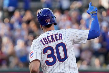 Jul 19, 2025; Chicago, Illinois, USA; Chicago Cubs outfielder Kyle Tucker (30) gestures after hitting a home run against the Boston Red Sox during the first inning at Wrigley Field. Mandatory Credit: David Banks-Imagn Images