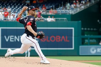 Jul 20, 2025; Washington, District of Columbia, USA; Washington Nationals starting pitcher MacKenzie Gore (1) pitches against the San Diego Padres during the first inning at Nationals Park. Mandatory Credit: Geoff Burke-Imagn Images