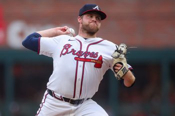 Jul 21, 2025; Atlanta, Georgia, USA; Atlanta Braves starting pitcher Bryce Elder (55) throws against the San Francisco Giants in the first inning at Truist Park. Mandatory Credit: Brett Davis-Imagn Images