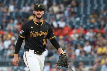 Jul 21, 2025; Pittsburgh, Pennsylvania, USA;  Pittsburgh Pirates starting pitcher Paul Skenes (30) reacts after pitching the fourth inning against the Detroit Tigers at PNC Park. Mandatory Credit: Charles LeClaire-Imagn Images