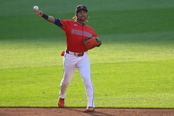 Jul 21, 2025; Cleveland, Ohio, USA; Cleveland Guardians third baseman Jose Ramirez (11) throws to first base in the third inning against the Baltimore Orioles at Progressive Field. Mandatory Credit: David Richard-Imagn Images