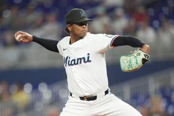 Jul 22, 2025; Miami, Florida, USA;  Miami Marlins pitcher Edward Cabrera (27) pitches in the first inning against the San Diego Padres at loanDepot Park. Mandatory Credit: Jim Rassol-Imagn Images