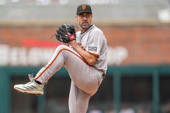 Jul 23, 2025; Cumberland, Georgia, USA; San Francisco Giants starting pitcher Justin Verlander (35) pitches against the Atlanta Braves during the first inning at Truist Park. Mandatory Credit: Dale Zanine-Imagn Images