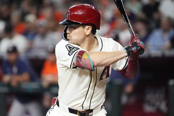 Arizona Diamondbacks' Corbin Carroll bats against the Houston Astros in the first inning at Chase Field in Phoenix on July 23, 2025.