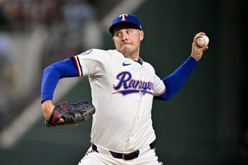 Jul 23, 2025; Arlington, Texas, USA; Texas Rangers starting pitcher Patrick Corbin (46) pitches against the Athletics during the fifth inning at Globe Life Field. Mandatory Credit: Jerome Miron-Imagn Images