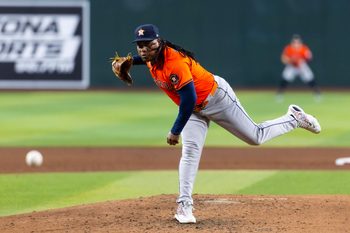 Jul 22, 2025; Phoenix, Arizona, USA; Houston Astros pitcher Framber Valdez against the Arizona Diamondbacks at Chase Field. Mandatory Credit: Mark J. Rebilas-Imagn Images