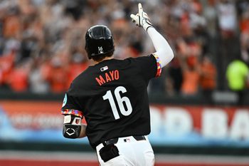 Jul 25, 2025; Baltimore, Maryland, USA;  Baltimore Orioles first baseman Coby Mayo (16) gestures after hitting a solo home run during the second inning against the Colorado Rockies at Oriole Park at Camden Yards. Mandatory Credit: James A. Pittman-Imagn Images