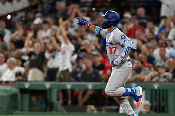 Jul 25, 2025; Boston, Massachusetts, USA;  Los Angeles Dodgers right fielder Teoscar Hernandez (37) reacts after hitting a two-run home run against the Boston Red Sox during the eighth inning at Fenway Park. Mandatory Credit: Brian Fluharty-Imagn Images