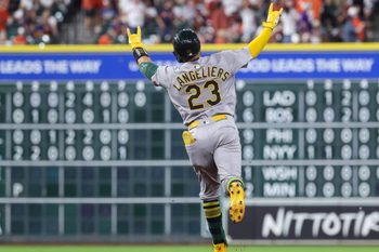 Jul 25, 2025; Houston, Texas, USA;  Athletics catcher Shea Langeliers (23) rounds the bases after hitting a home run during the fourth inning against the Houston Astros at Daikin Park. Mandatory Credit: Troy Taormina-Imagn Images