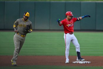 Jul 25, 2025; St. Louis, Missouri, USA;  St. Louis Cardinals shortstop Masyn Winn (0) reacts after hitting a two run double against the San Diego Padres during the fourth inning at Busch Stadium. Mandatory Credit: Jeff Curry-Imagn Images