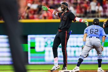 Jul 25, 2025; Cincinnati, Ohio, USA; Cincinnati Reds shortstop Elly De La Cruz (44) reacts after hitting a double in the eighth inning against the Tampa Bay Rays at Great American Ball Park. Mandatory Credit: Katie Stratman-Imagn Images