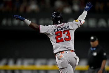 Jul 25, 2025; Arlington, Texas, USA; Atlanta Braves center fielder Michael Harris II (23) rounds the bases after he hits a home run against the Texas Rangers during the game at Globe Life Field. Mandatory Credit: Jerome Miron-Imagn Images