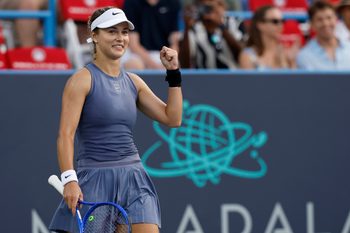 Jul 26, 2025; Washington, D.C., USA; Anna Kalinskaya celebrates after match point against Emma Raducanu (GBR)(not pictured) in a women's singles semi-final on day six of the Mubadala Citi DC Open at Rock Creek Park Tennis Center. Mandatory Credit: Geoff Burke-Imagn Images