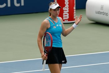 Jul 26, 2025; Washington, D.C., USA;Elena Rybakina (KAZ) reacts after missing a shot against Leylah Fernandez (CAN)(not pictured) in a women's singles semi-final on day six of the Mubadala Citi DC Open at Rock Creek Park Tennis Center. Mandatory Credit: Geoff Burke-Imagn Images