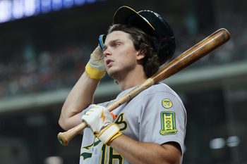 Jul 26, 2025; Houston, Texas, USA; Athletics first baseman Nick Kurtz (16) stands on deck during the third inning against the Houston Astros at Daikin Park. Mandatory Credit: Troy Taormina-Imagn Images